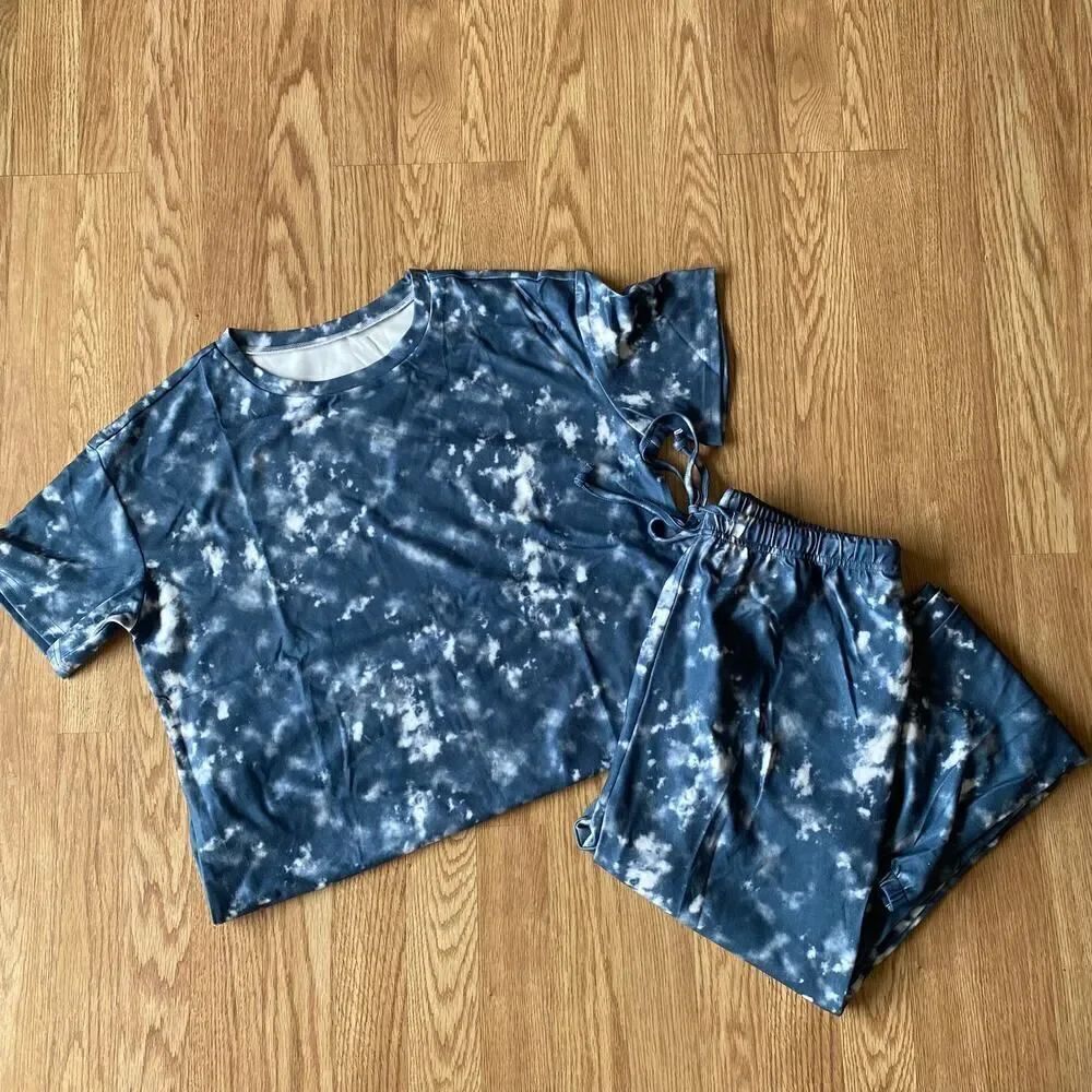 2 Piece Tie Dye Short Sleeve Long Pants Lounge Set Blue Gray Large